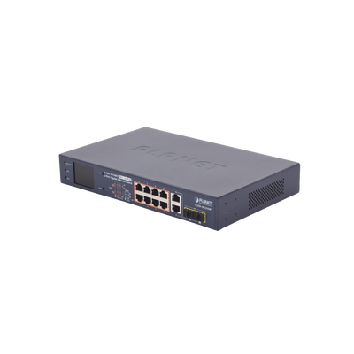Switch PoE+ / distancia 250 metros / 8 puertos + 2 combo TP/SFP gigabit y pantalla LCD para monitoreo  Modelo: FGSD-1022VHP Marca: PLANET