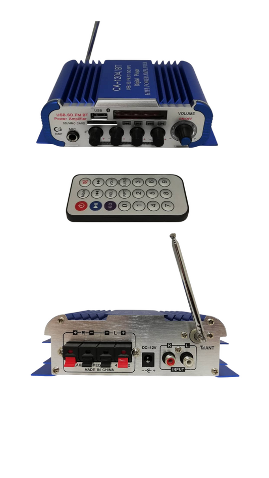 Amplificador stereo de 30 Watts RMS con puerto USB/Sd, radio FM, BLUETOOTH, formato MP3, control remoto alimentación a 12V DC, entrada auxiliar RCA